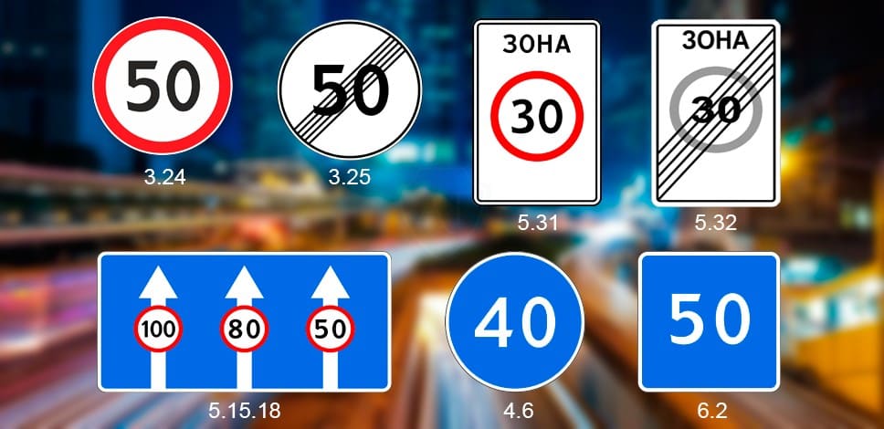 Дорожные знаки скорости на синем, белом и красном фонах