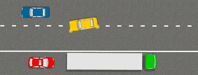 Такое применение разметки запрещает обгон красному автомобилю и разрешает водителю жёлтого